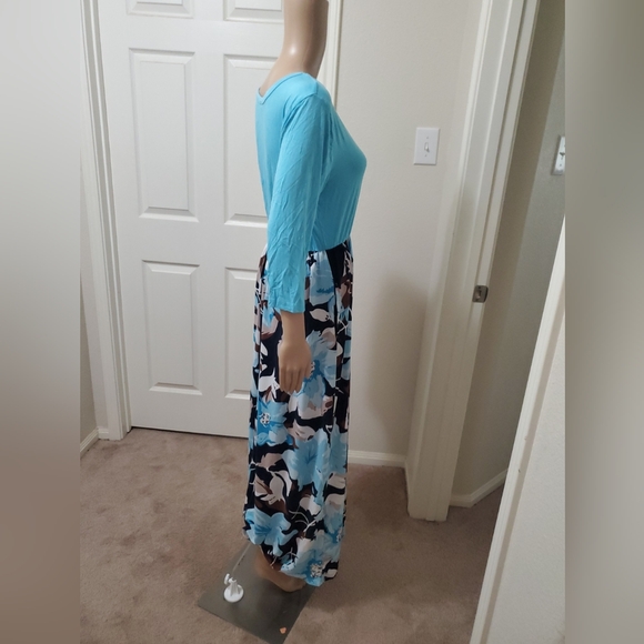 WNEEDU L aqua blue quarter sleeve scoopneck maxi floral skirt pockets - Picture 5 of 10